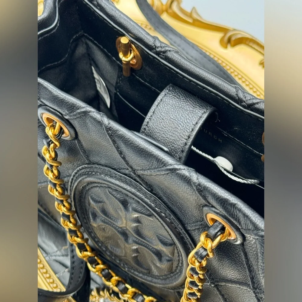 🆕 TORY BURCH 🧿 NWT Mini Fleming Soft Chain Tote - Black Leather -AUTHENTICATED